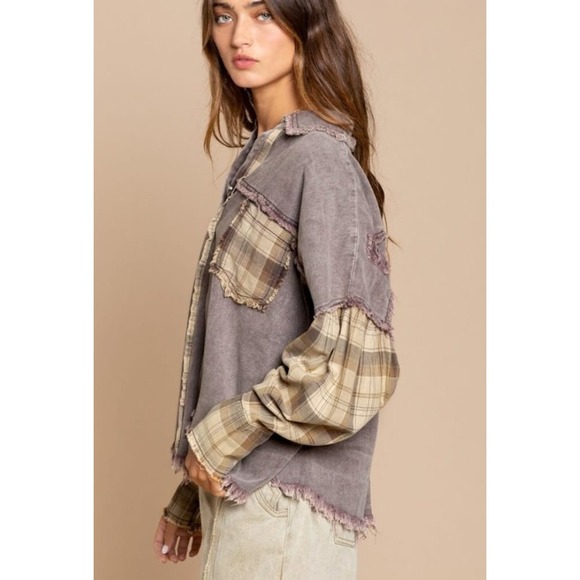 POL Oversized Plaid Sleeve Raw Edge Shirt Jacket Womens Size Large‎ - Picture 3 of 13